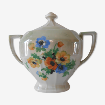 Sucrier ancien nacré décor bouquet de fleur Victoria China Czechoslovakia)