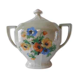 Sucrier ancien nacré décor bouquet de fleur Victoria China Czechoslovakia)