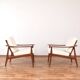 Mid-Century Danish Wood & Linen Lounge Chairs, Set of 2, 1960s.