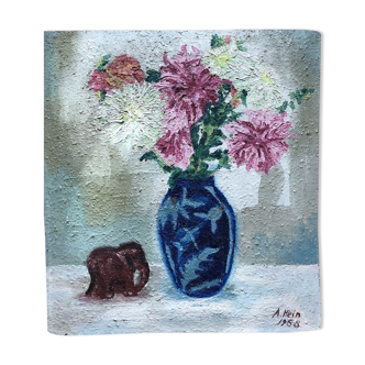 Painting by Alice heim dahlias and blue vase dated 1958