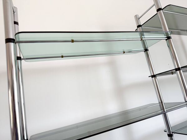 Double étagère bibliothèque chrome et verre des années 70'