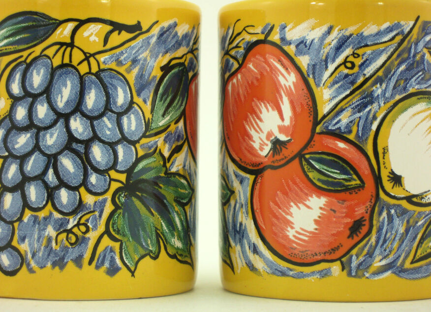 2 mugs en céramique jaune décor fruits, Tams Staffordshire, Made in England  1980 | Selency