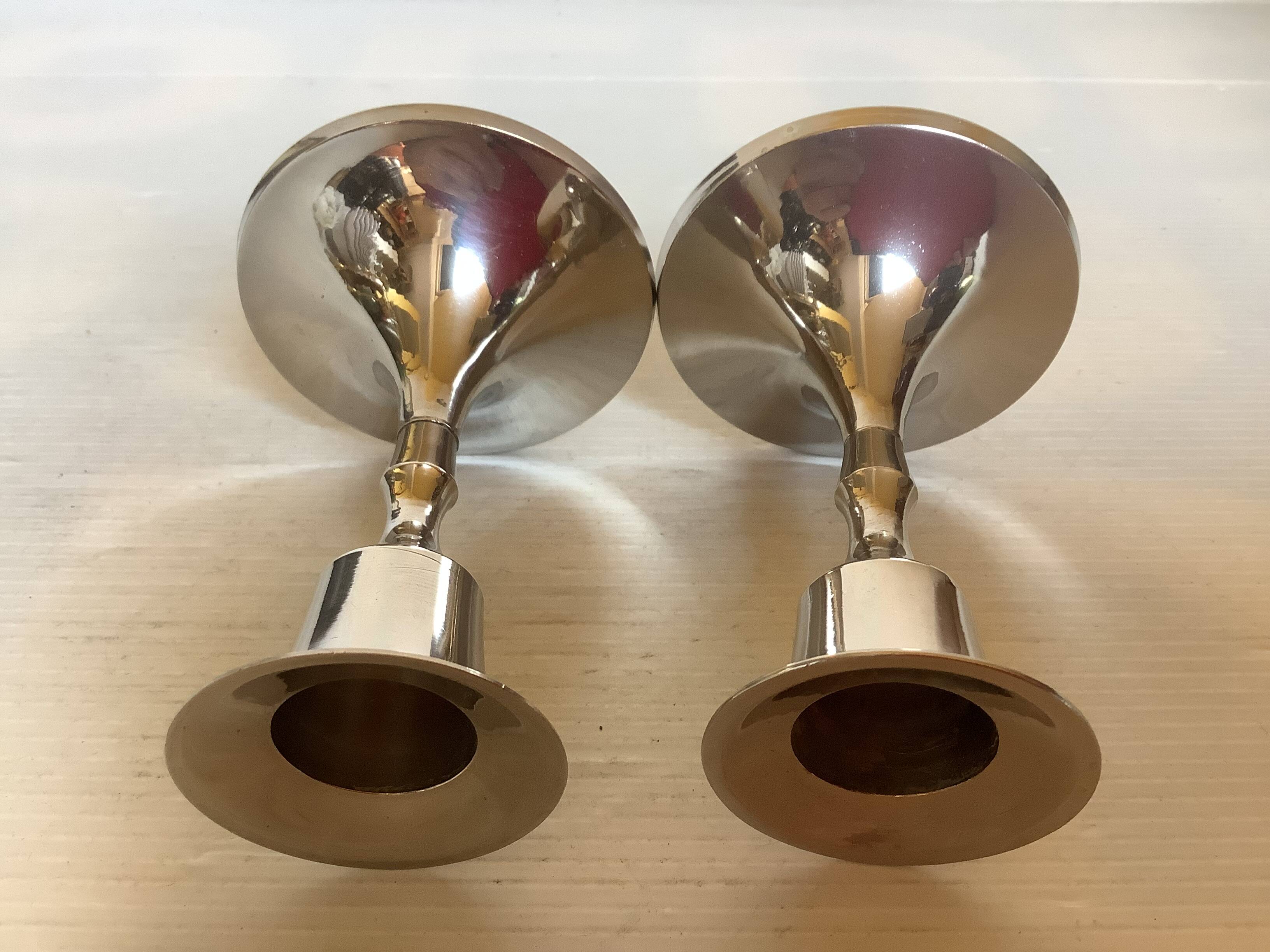 Pair of small silver metal tulip foot candle holders
