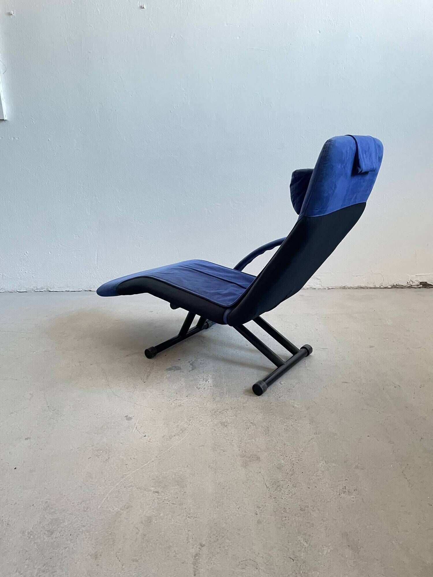 1980s Designer Lounge Chair in black fabric and blue Alcantara cover
