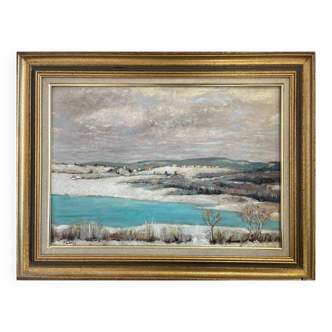 HST painting "Snow at Clairvaux les lacs" (Jura) signed + frame