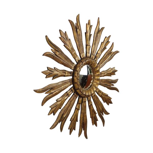 Ancien miroir en bois en forme de soleil, miroir en éclat de soleil doré des années 50, 70 cm.