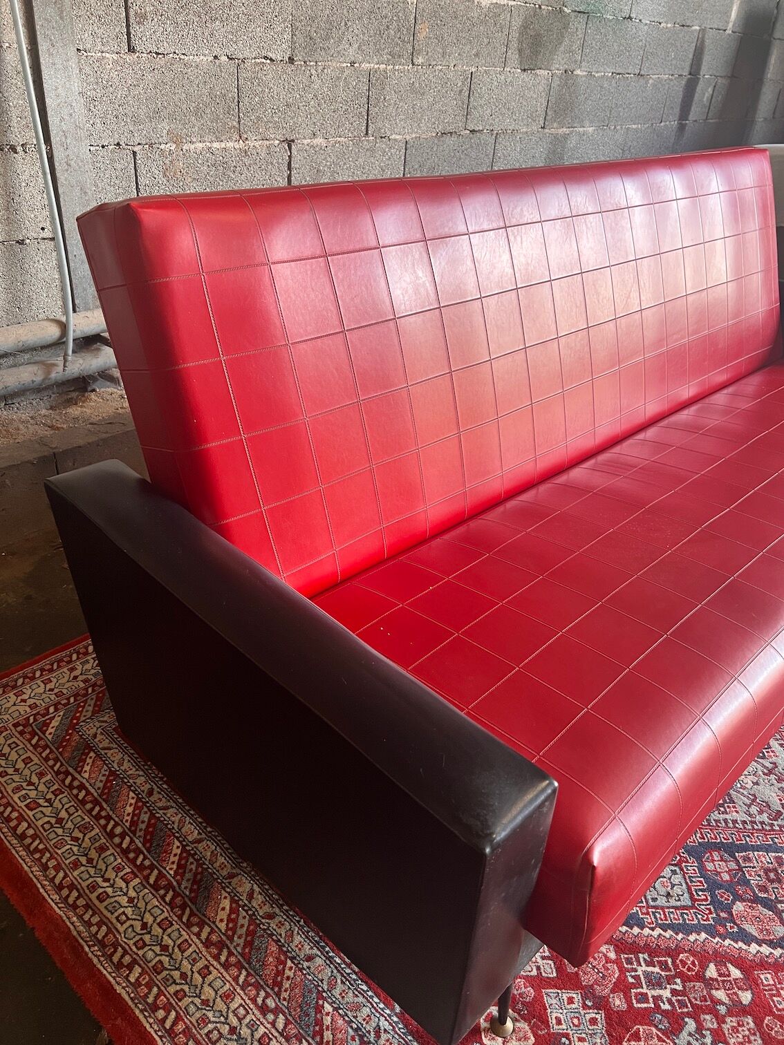 Vintage Daybed sofa bed from the 60s in red and black skaï