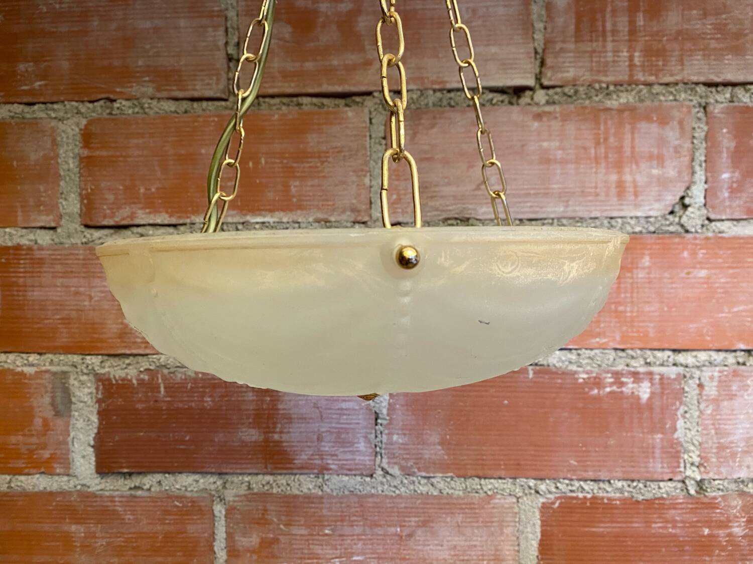 Antique Pendant Light Dome Molded Glass + Vintage Gold Metal