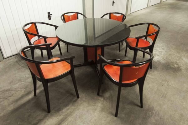 Table et 6 fauteuils Baumann Diese,design Pagnon Pelhaître couleur Wengé et rouge