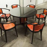 Baumann Diese table and 6 armchairs, Pagnon Pelhaître design, Wenge and red color,