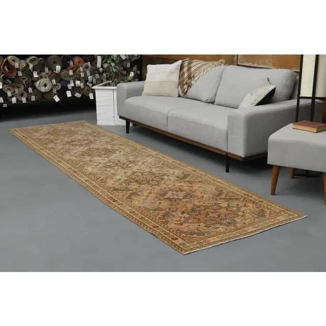 Vintage Turkish Hand-Knotted Wool Cotton Orange Runner Rug 101x380