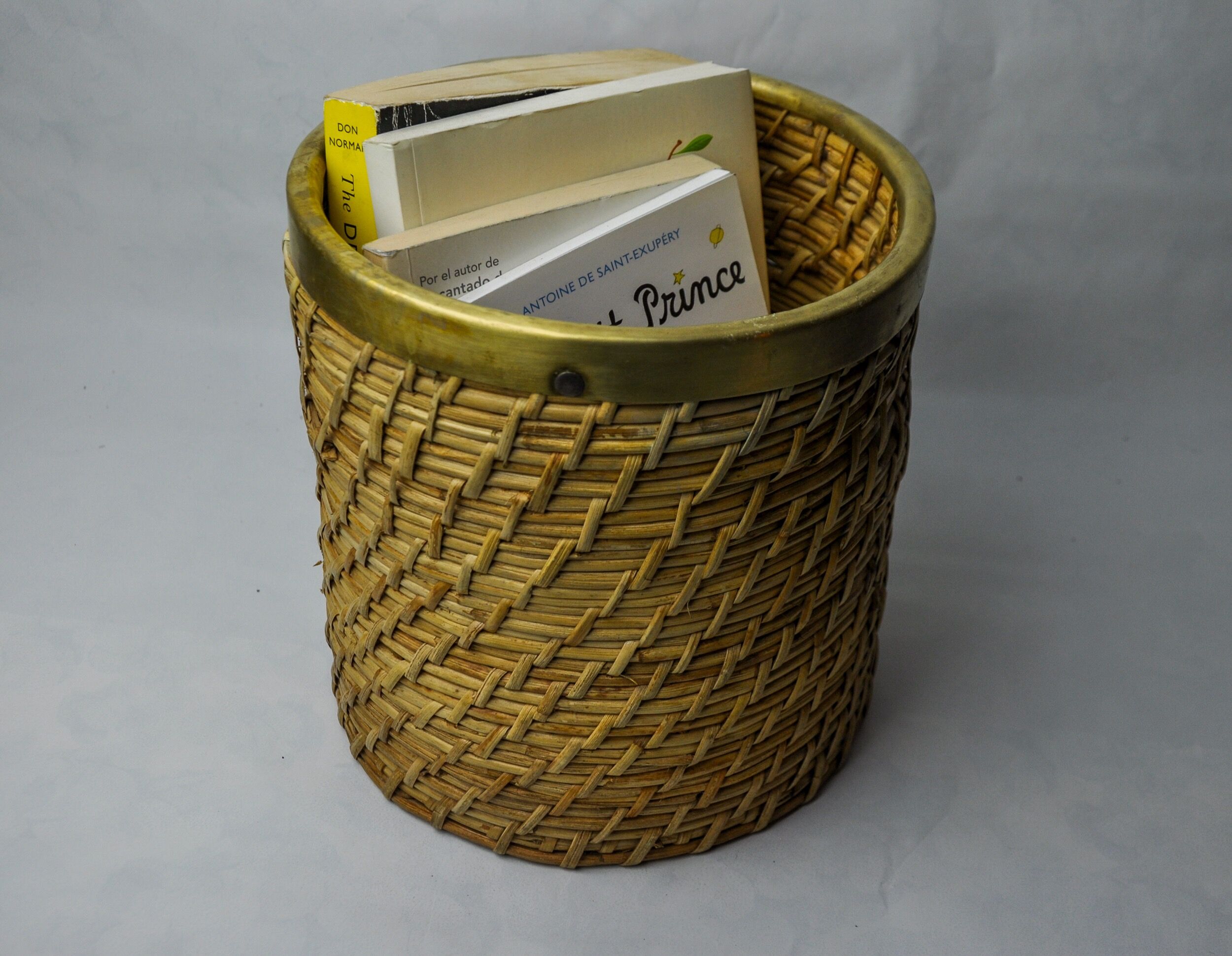 Rattan and brass book basket, Italy, 1970