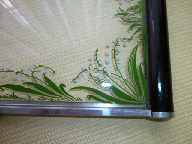 Vintage serving tray in glass and wood Lily of the valley décor