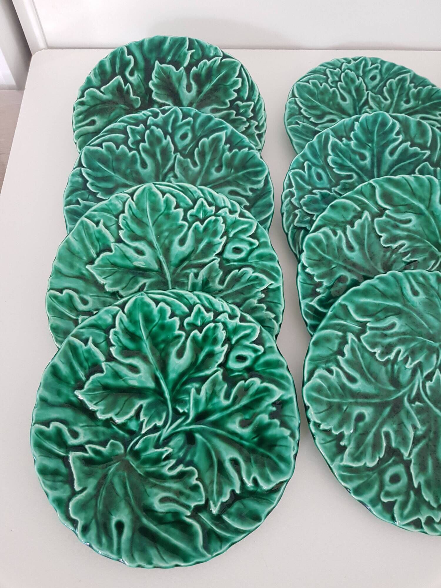 Set of 12 Green Majolica Leaf Plates Sarreguemines Digoin 1930