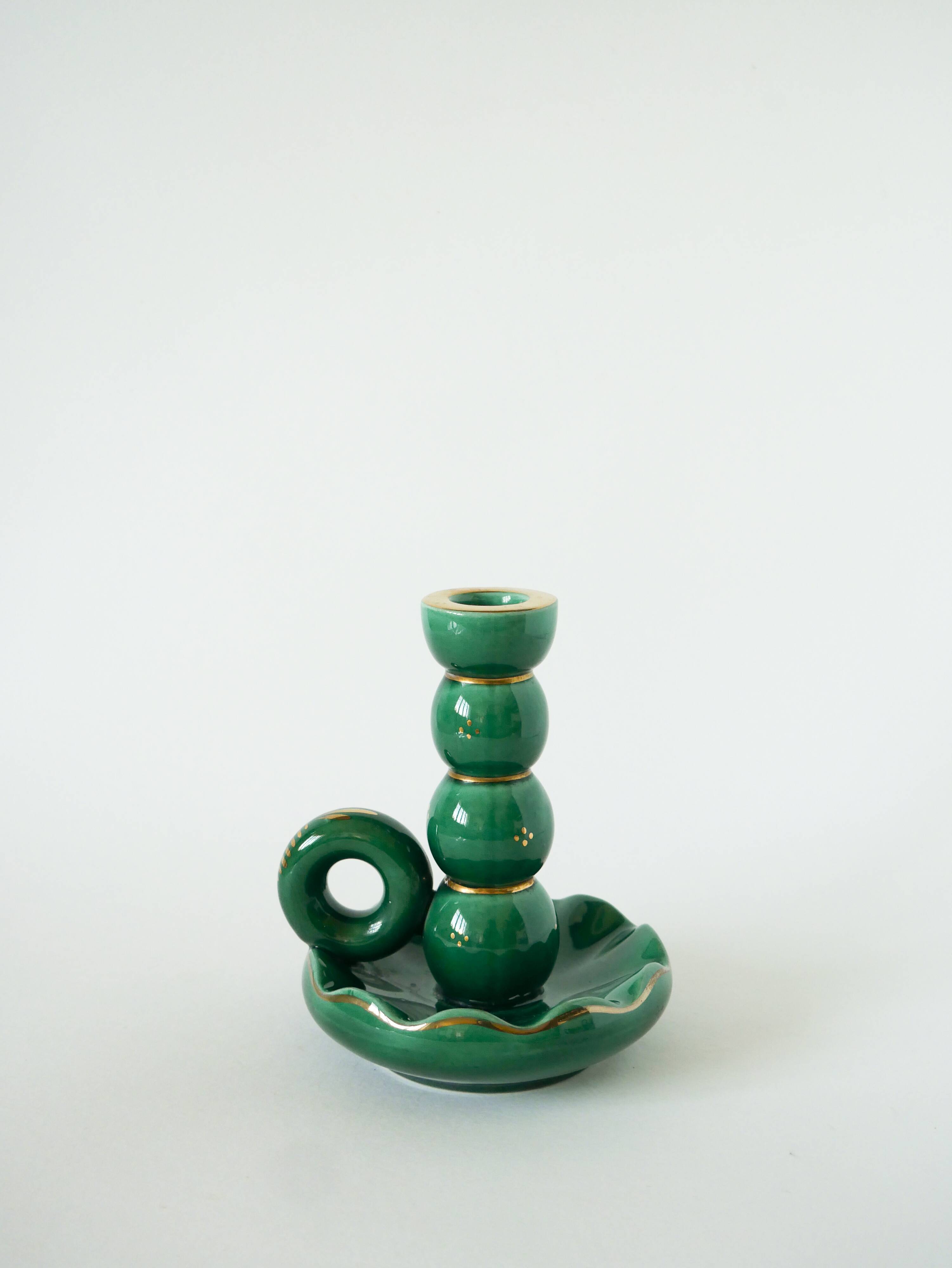 ceramic candle holder, Green & Gold, 1960