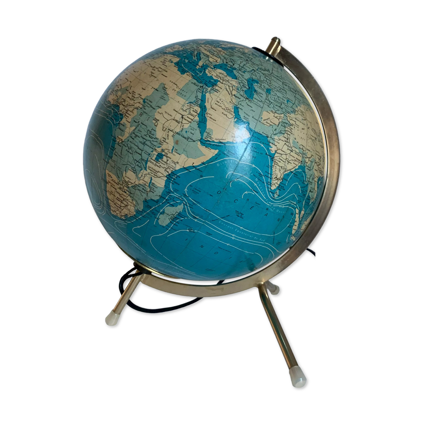 Globe  vintage 1977 terrestre verre tripode doré Taride - 28 cm