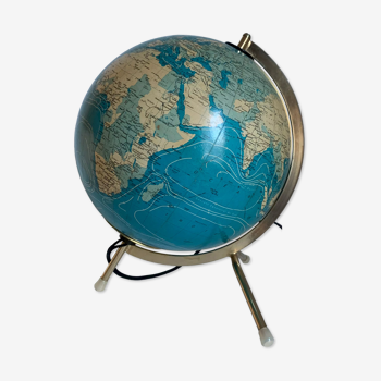 Globe  vintage 1977 terrestre verre tripode doré Taride - 28 cm