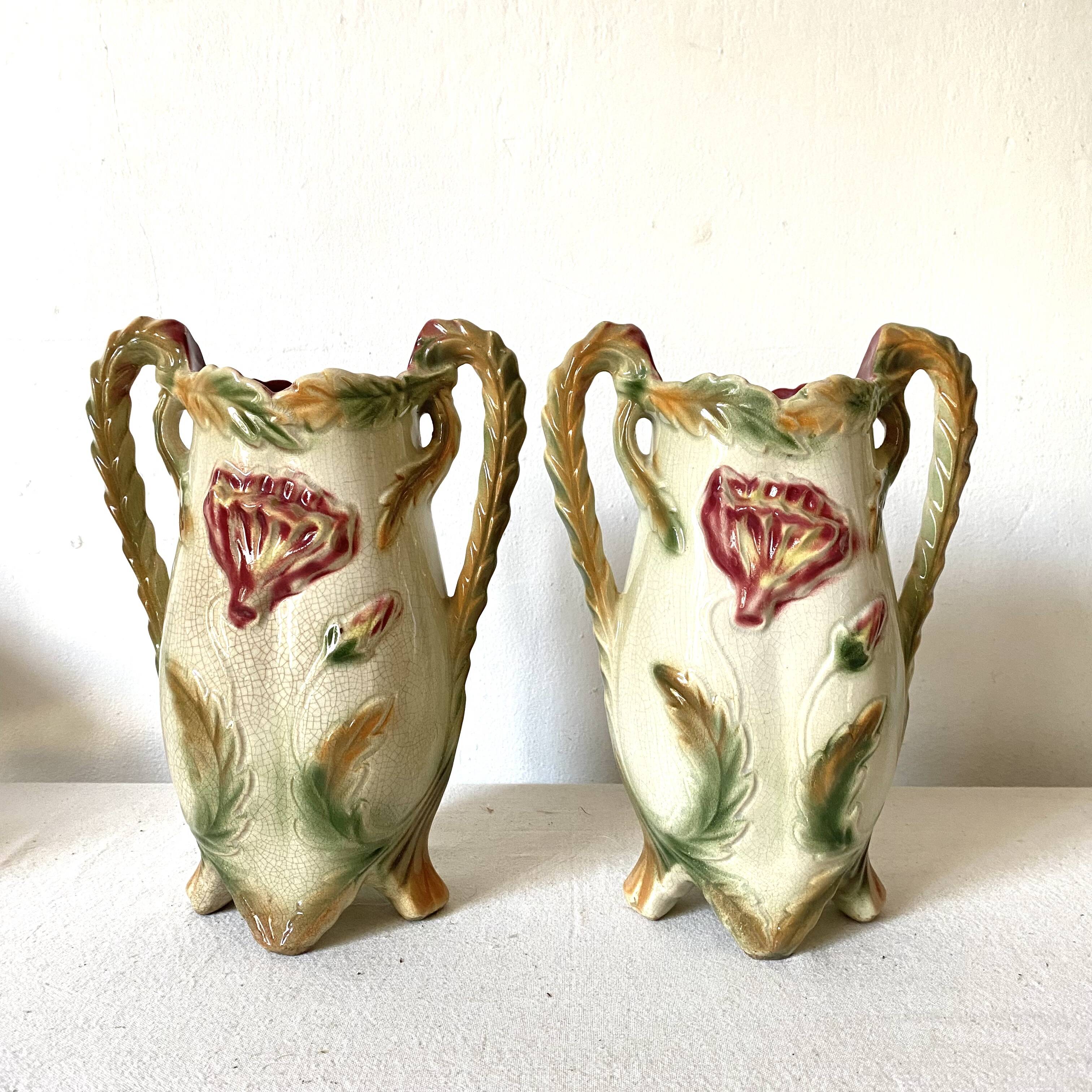 Pair of slipware vases, art nouveau fireplace decoration