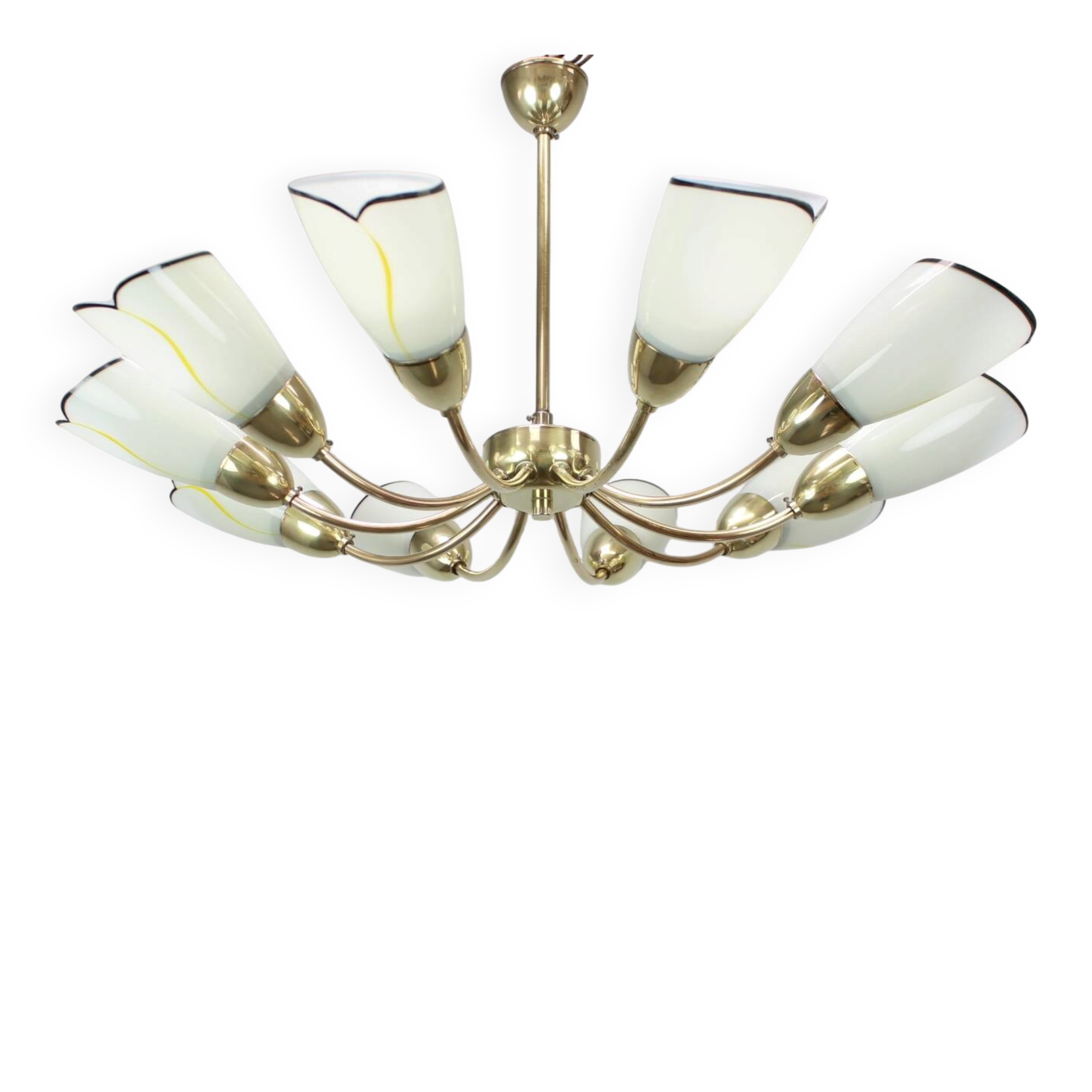 Brass and glass ten-arm chandelier from the mid-century, 1960s.