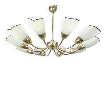 Brass and glass ten-arm chandelier from the mid-century, 1960s.