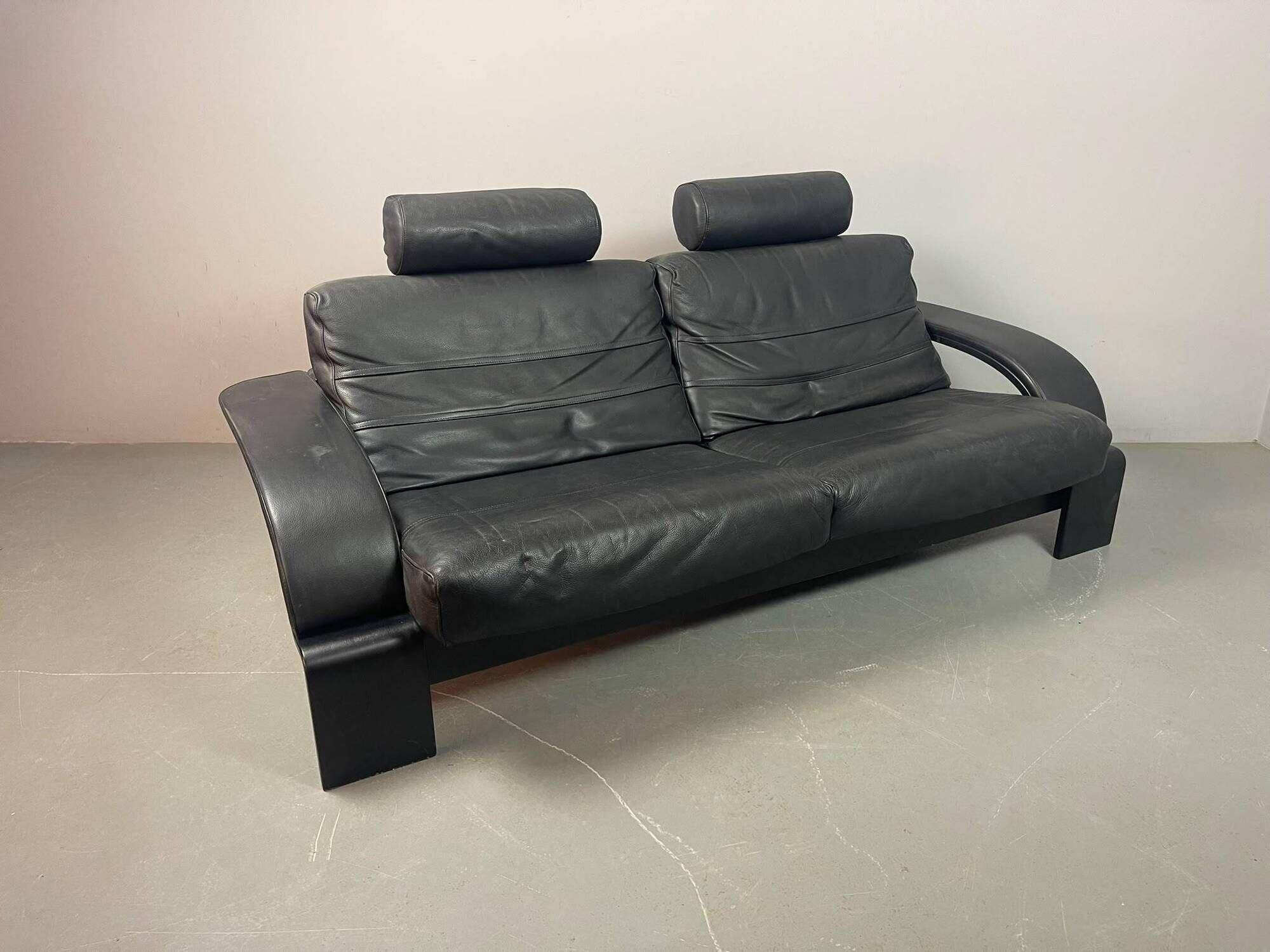Black Leather Ake Fribytter “Kroken” Two-Seater Sofa for Nelo Möbel. Sweden