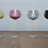 Set of 4 Hand Engraved "Harlequin" Colored Crystal Wine Glasses 1960