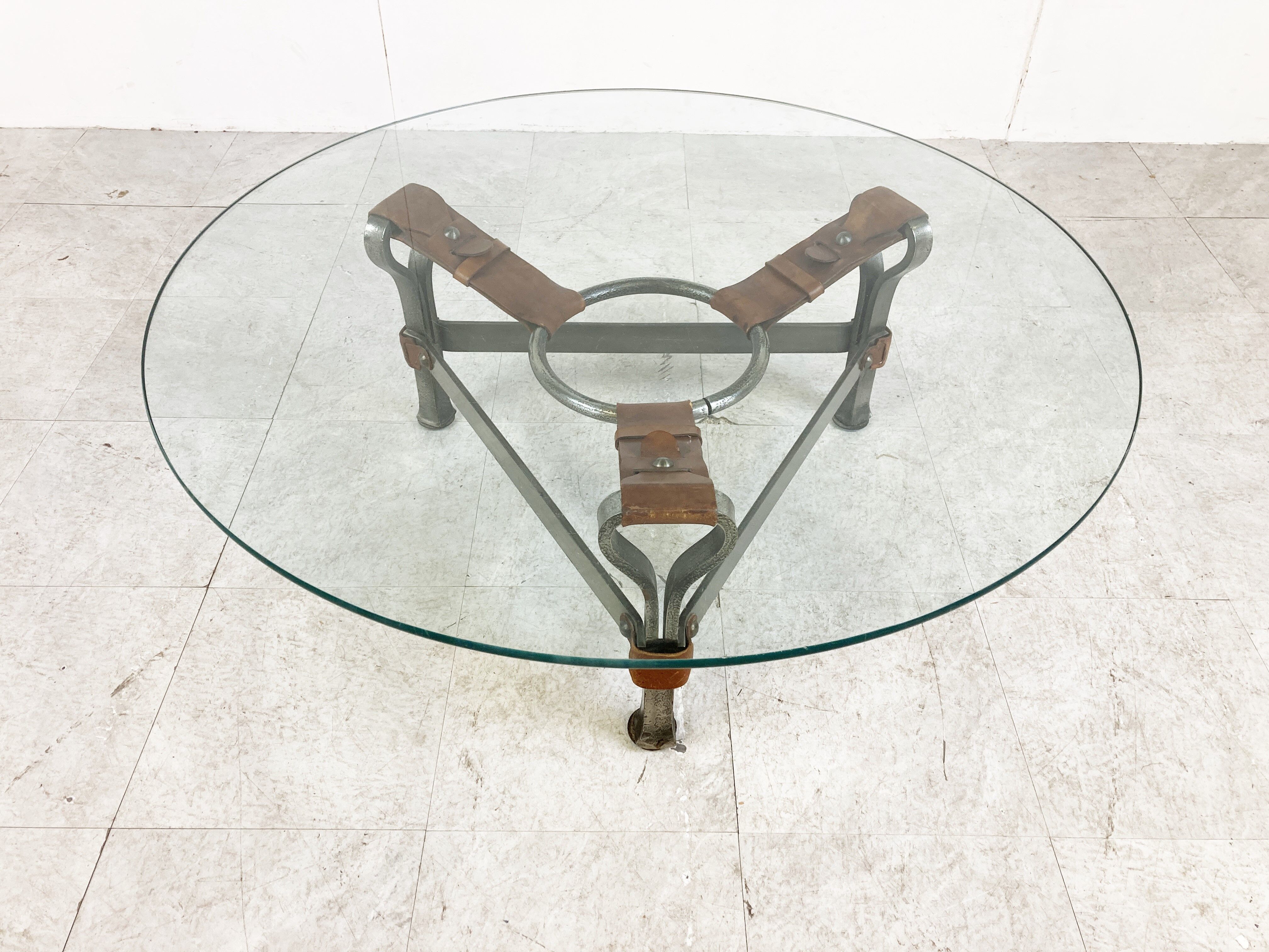 Mid century iron and leather coffee table, 1950s