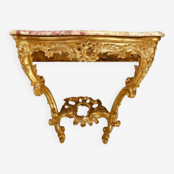 Console in Carved and Gilded Wood, Marble Top, 18th Century.