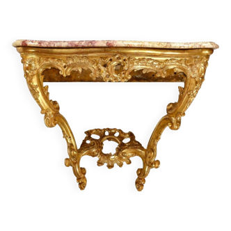 Console in Carved and Gilded Wood, Marble Top, 18th Century.