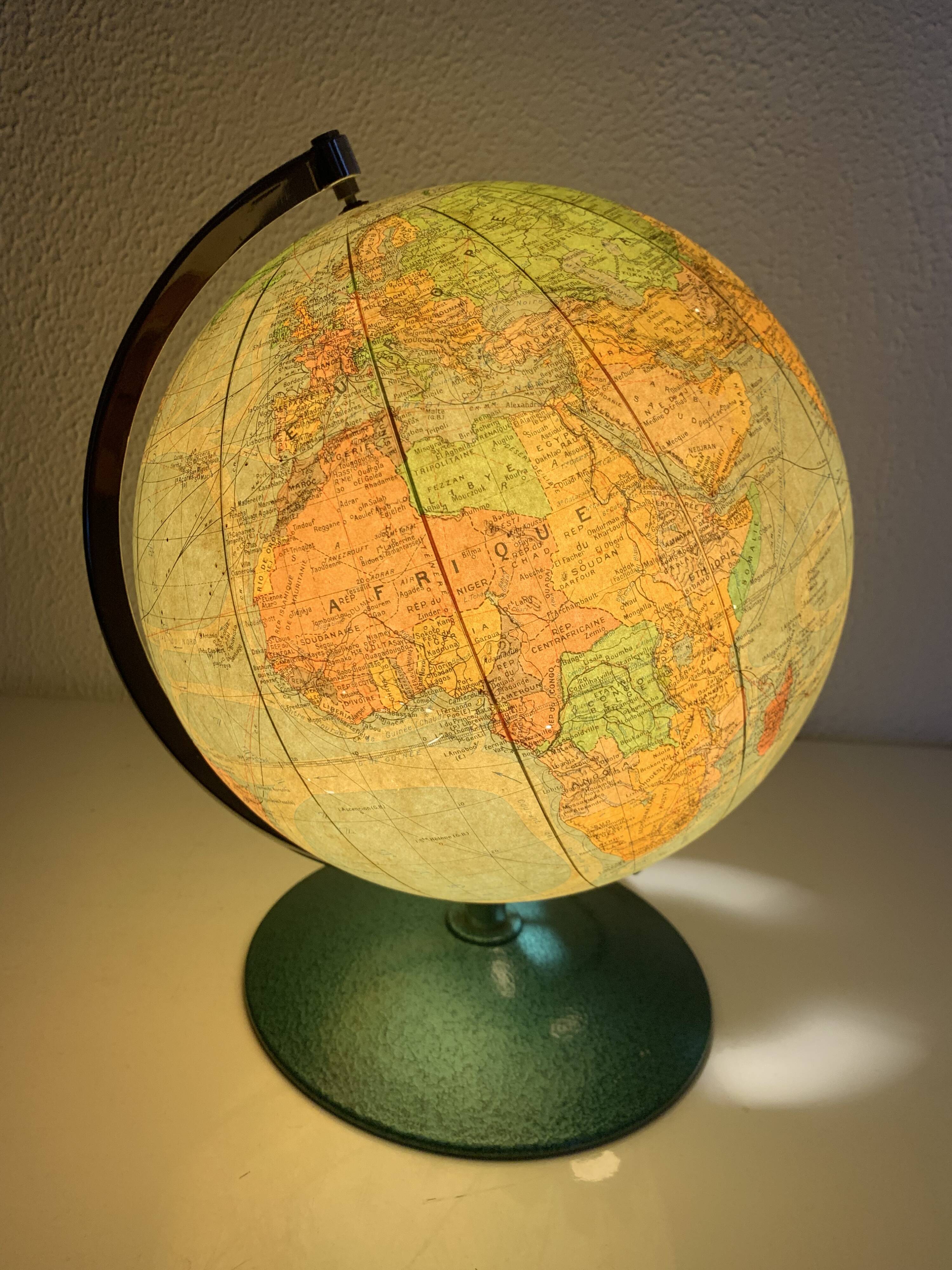Globe vintage 1960 terrestre verre Perrina laqué vert mappemonde - 33 cm