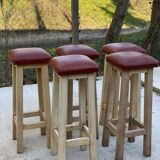 Square high bar stools in solid wood with burgundy leather 83cm