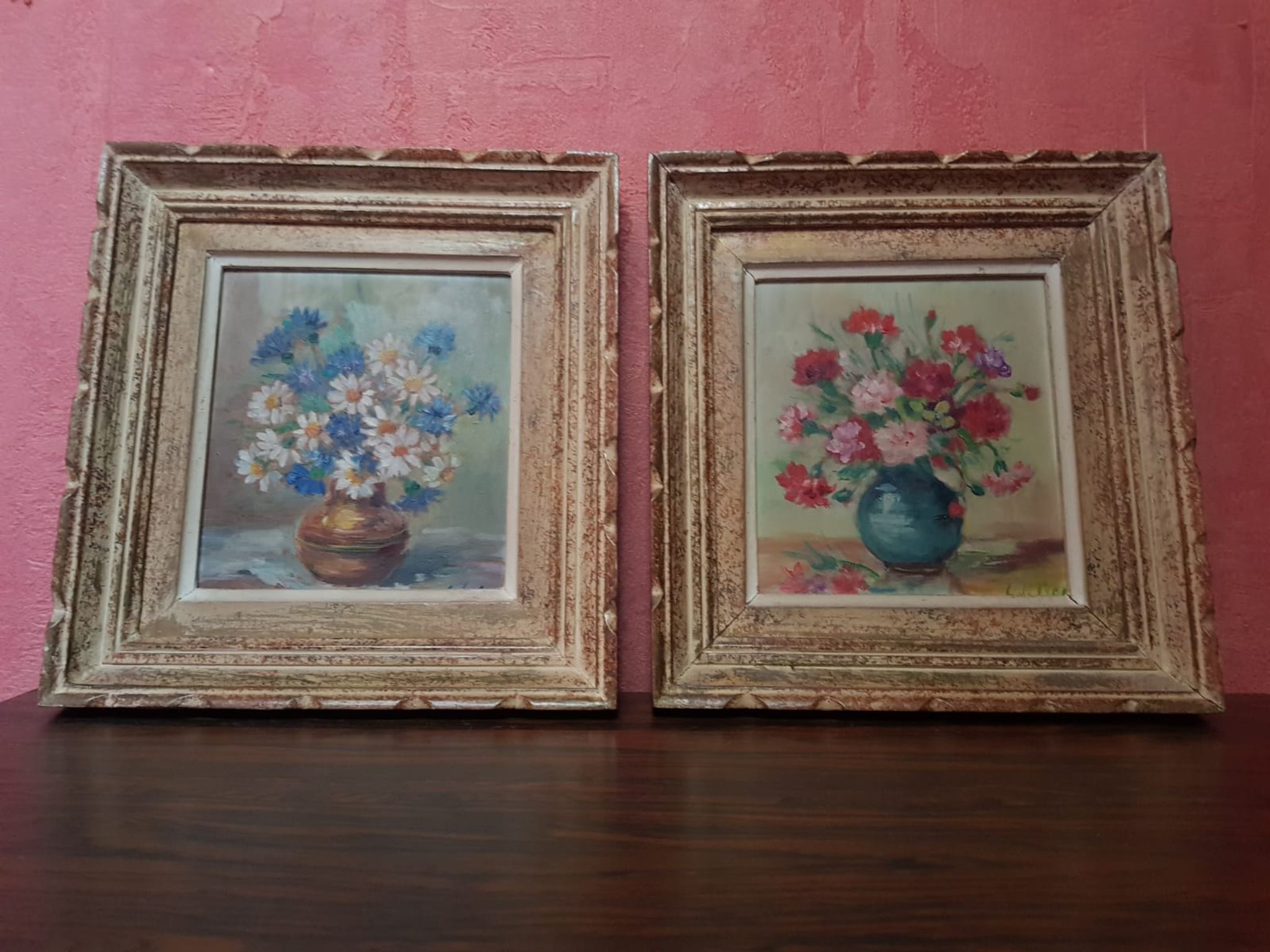 Pair old table c. de fred flower bouquet oil on vintage panel