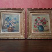 Pair old table c. de fred flower bouquet oil on vintage panel
