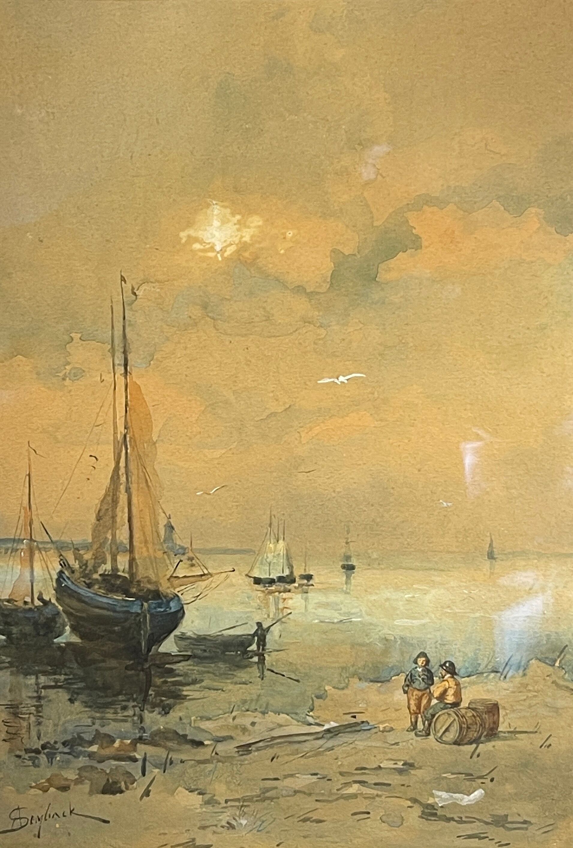 " Boats stranded at low tide " by A. Semlinck, Aquarelle Marine, Bateaux Voiliers, ca 1910
