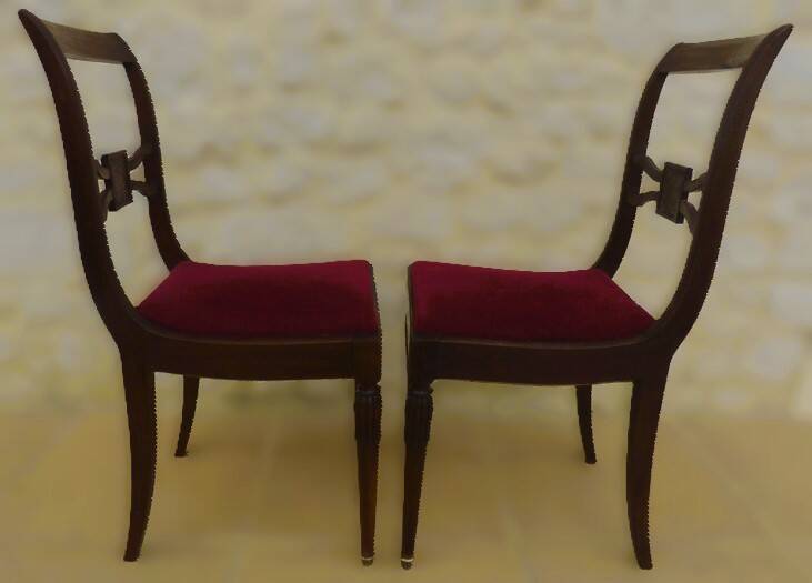 2 stylish solid wood chairs with red velvet fabric seats