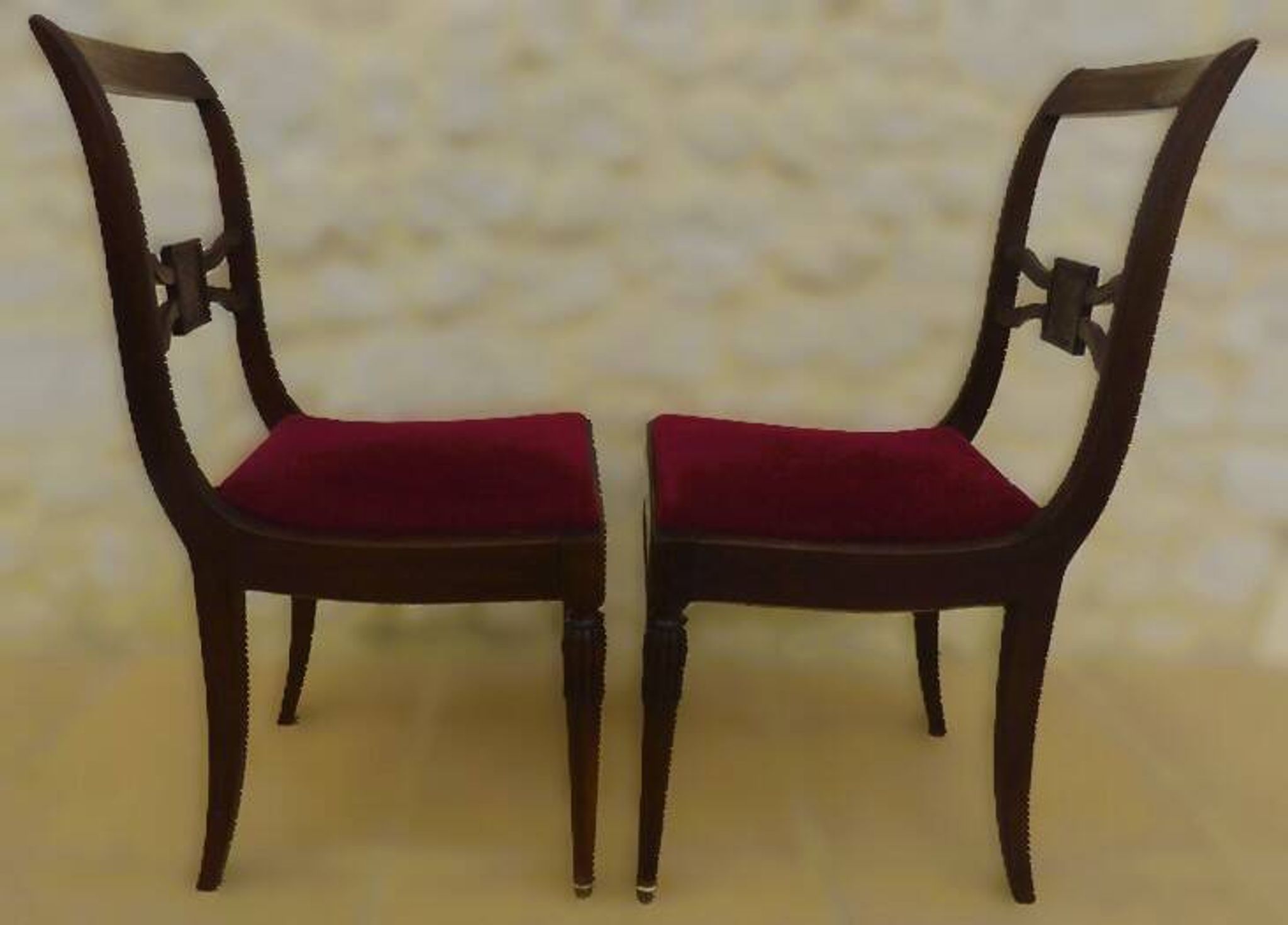 2 stylish solid wood chairs with red velvet fabric seats