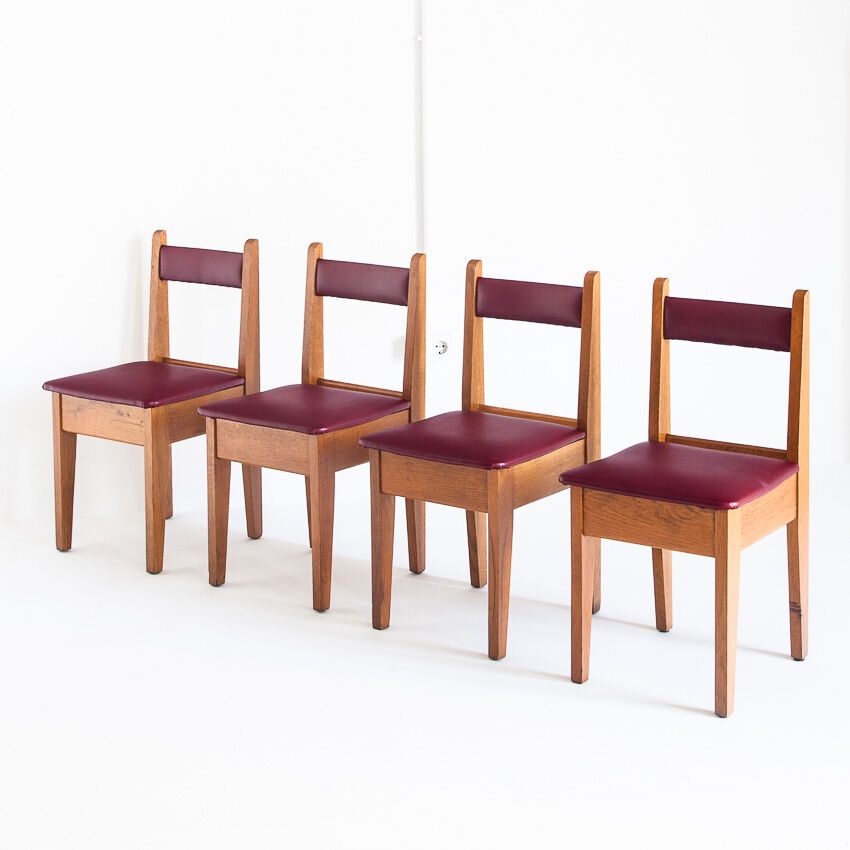 Set of 4 vintage oak wood and Eskai chairs, France 1960.