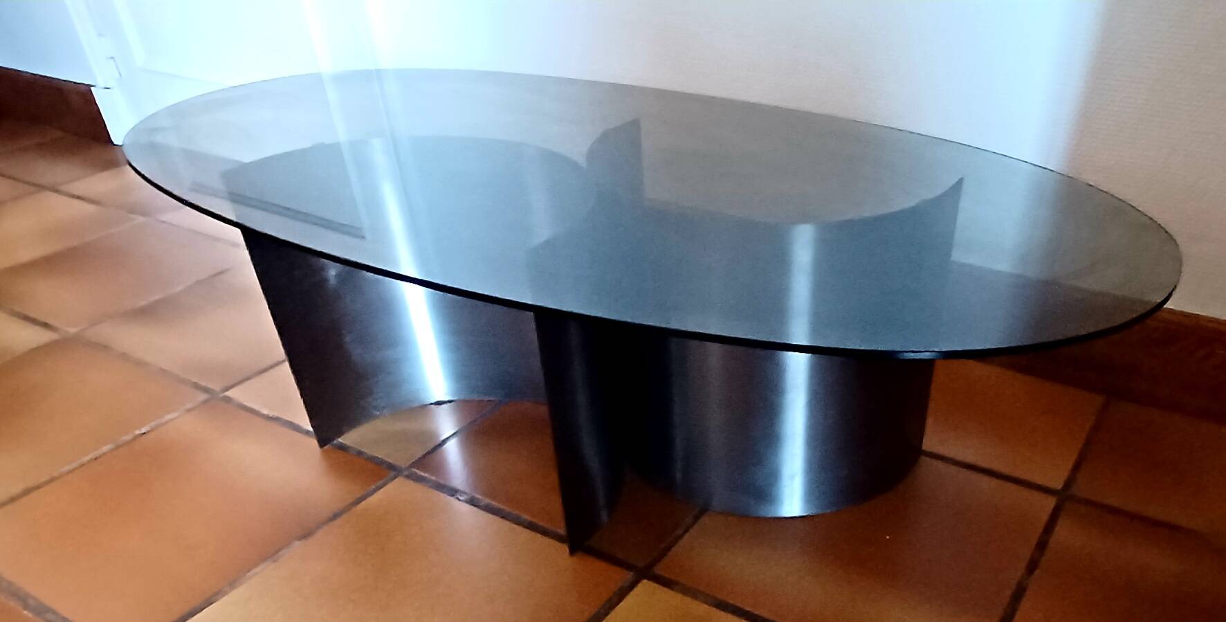 Table basse, acier brossé & verre circa 1970
