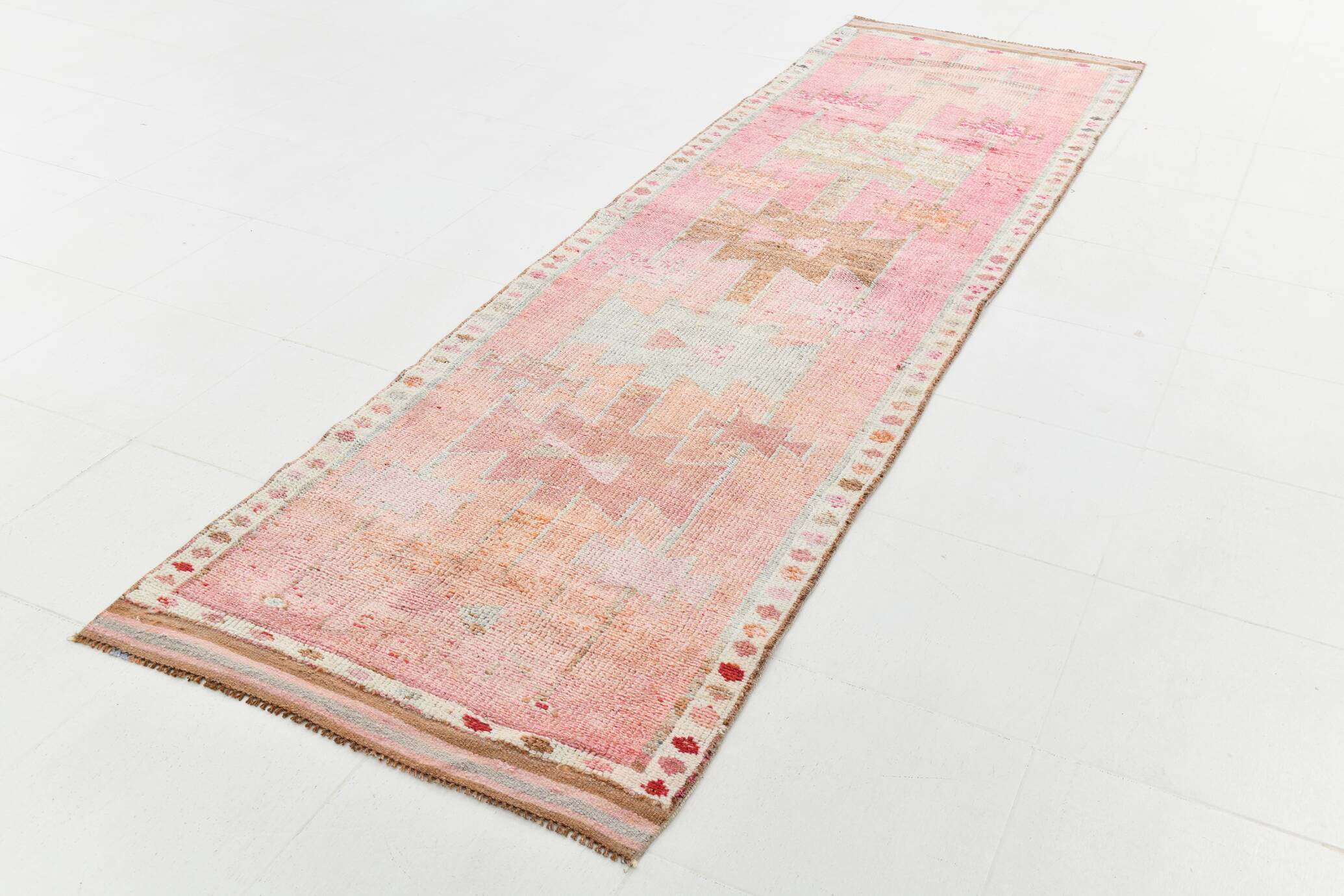 Light Pink & Brown Turkish Vintage Runner Rug, 94x328Cm