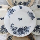 5 assiettes plates antiques faience d'Onnaing Nord motif fleuri et papillon bleu patine