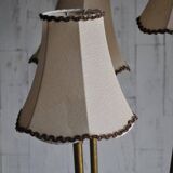 Lampadaire Art Déco 1940s en laiton et base bois, 3 branches, abat-jours beige