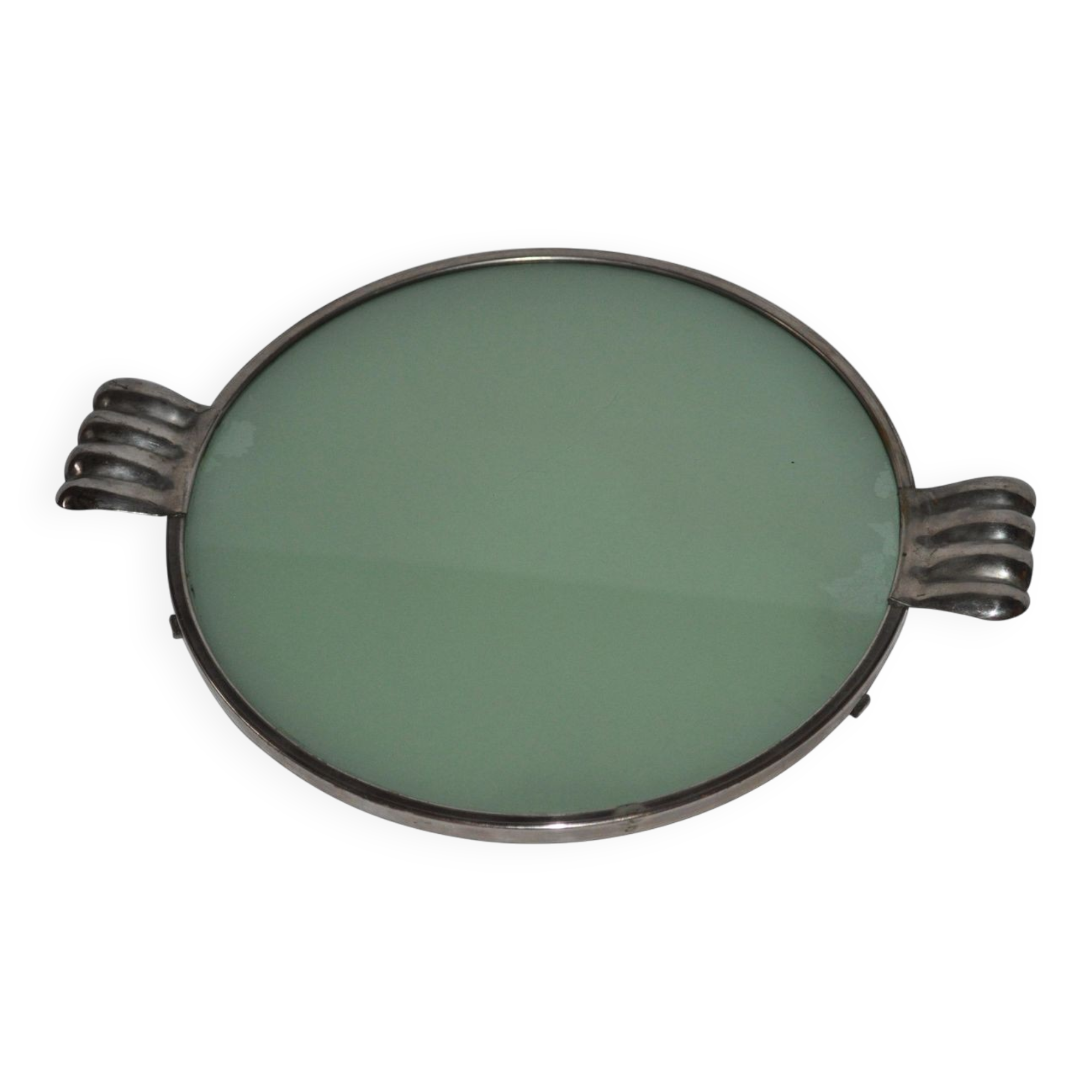 Vintage glass cake stand in green with silver-plated metal frame, porcelain (late 19th century)