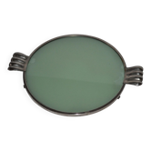 Présentoir à gâteaux vintage en verre vert et monture métal argenté, porcelaine (fin XIXe)