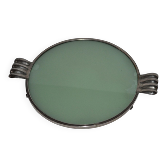 Vintage glass cake stand in green with silver-plated metal frame, porcelain (late 19th century)