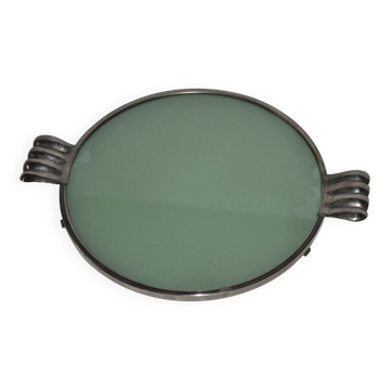 Présentoir à gâteaux vintage en verre vert et monture métal argenté, porcelaine (fin XIXe)