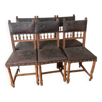 6 Chaises bois et cuir