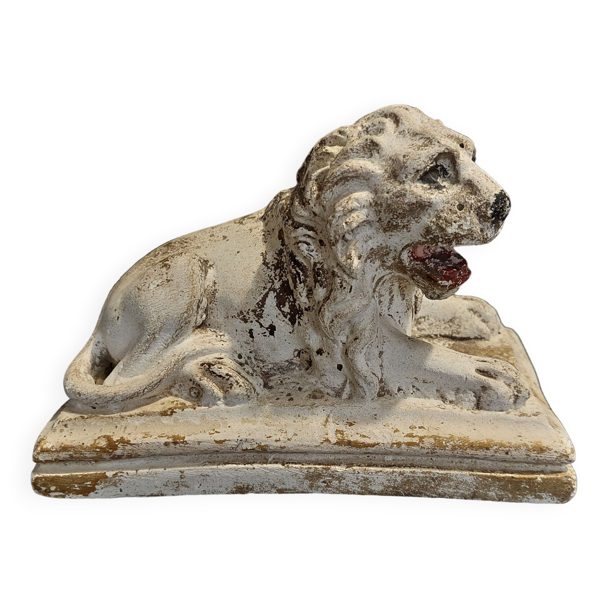 Grande sculpture lion Art Déco rugissant en plâtre patiné – Statue animalière ancienne années 1920 - Décoration