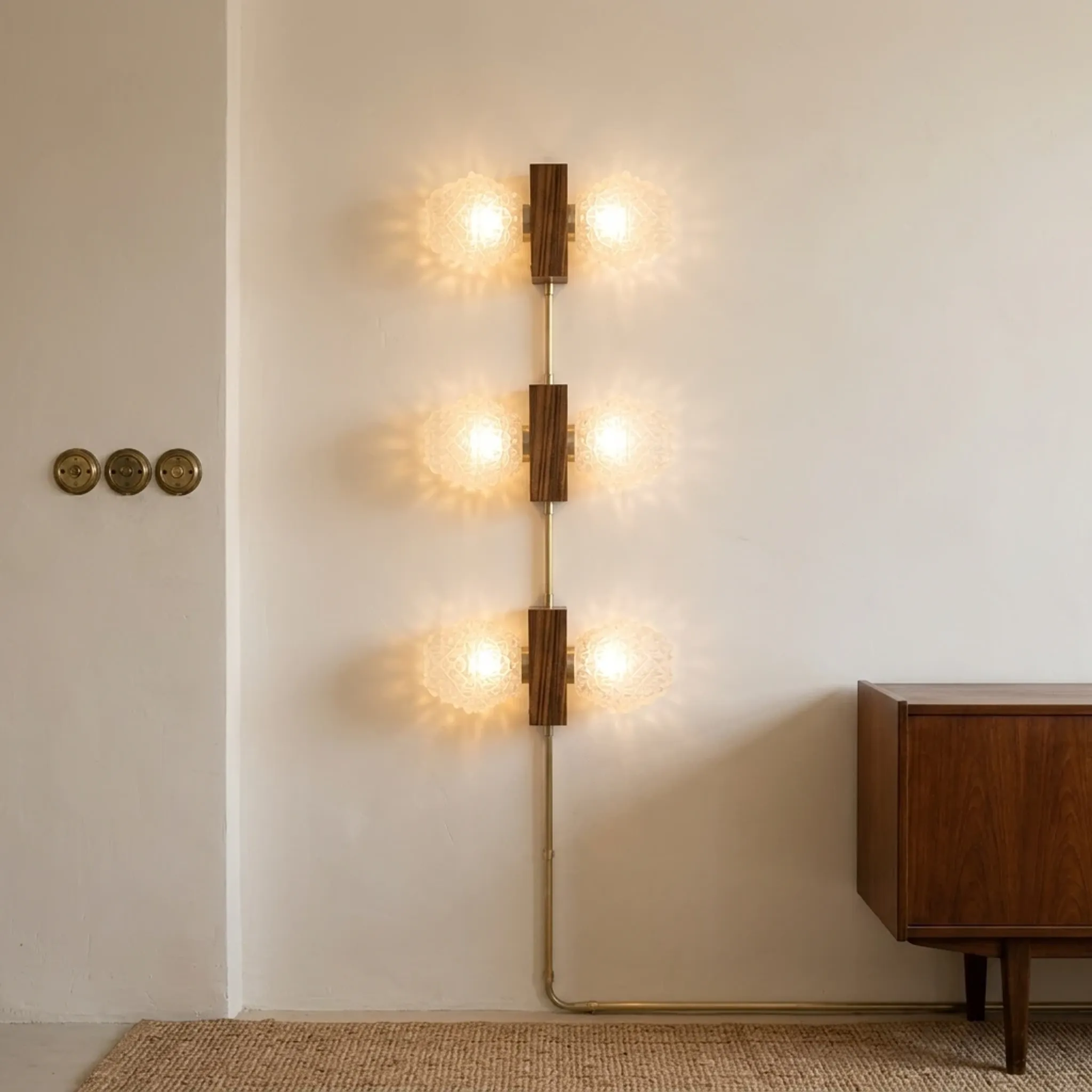 Set of 3 Temde Leuchten wall lights, Teck and frosted glass, 1950-60.
