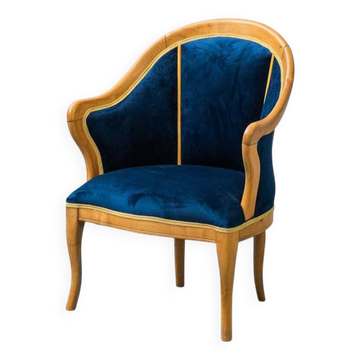 Poltroncina vintage in legno massello velluto blu anni ’50 modernariato