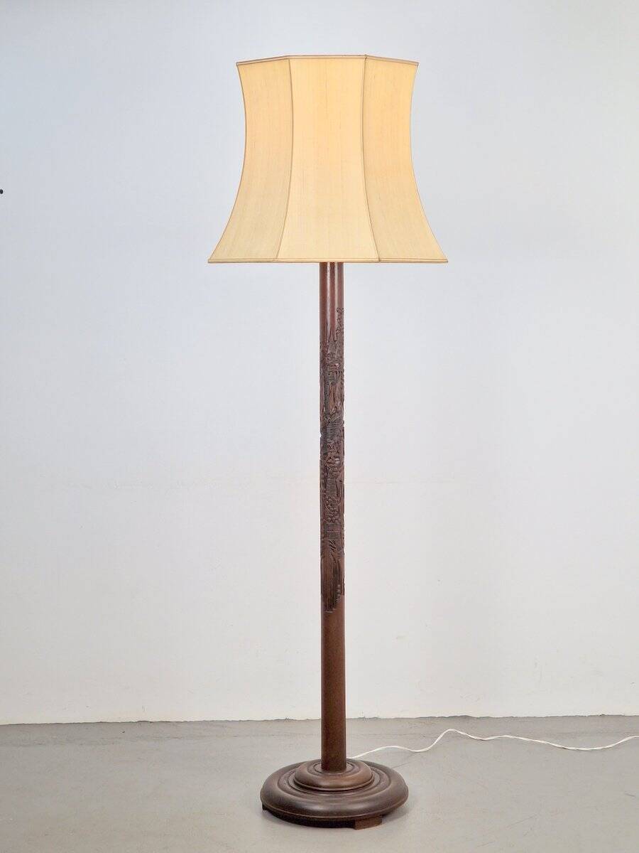 Art Deco Asian Style Carved Wood Floor Lamp, 1930s